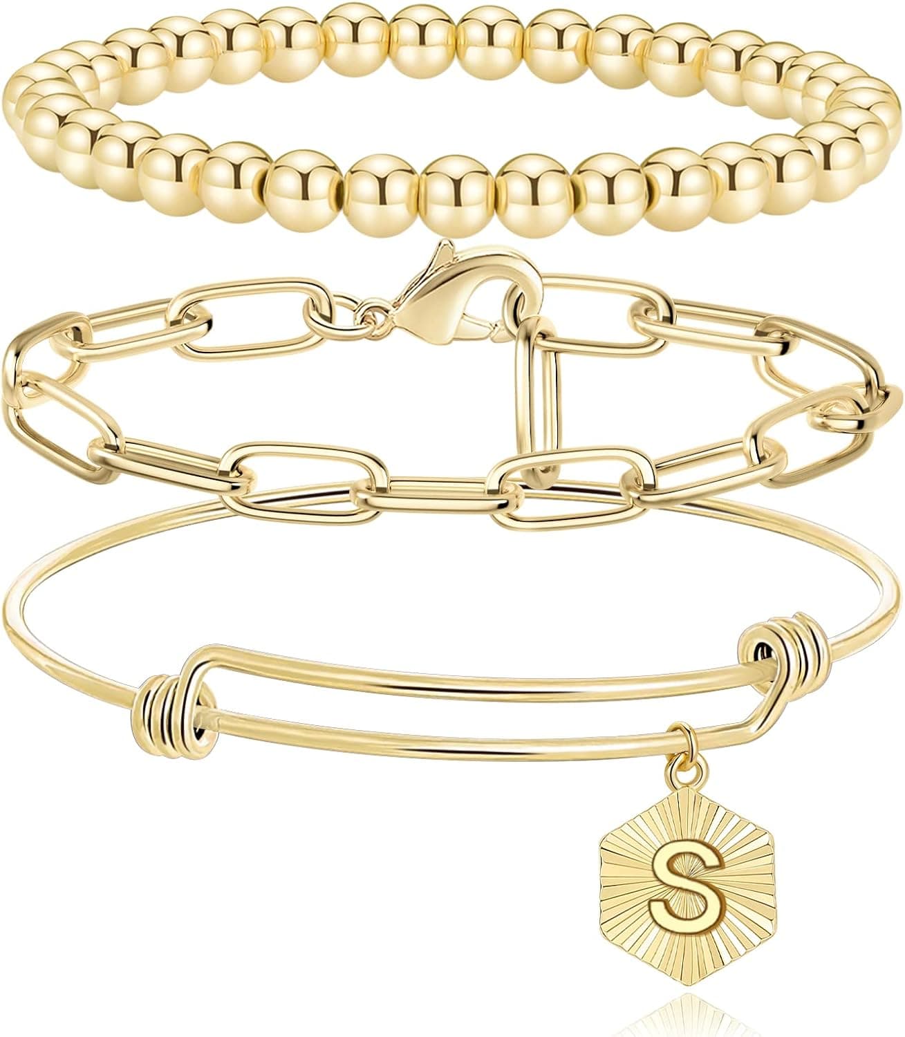 Besalon Beaded Charm Bracelets for Women Set Initial Gold Bangle Bracelets Papercilp link Bracelet 14k Gold Plated with Hexagon Letter Pendant for Girls Gift