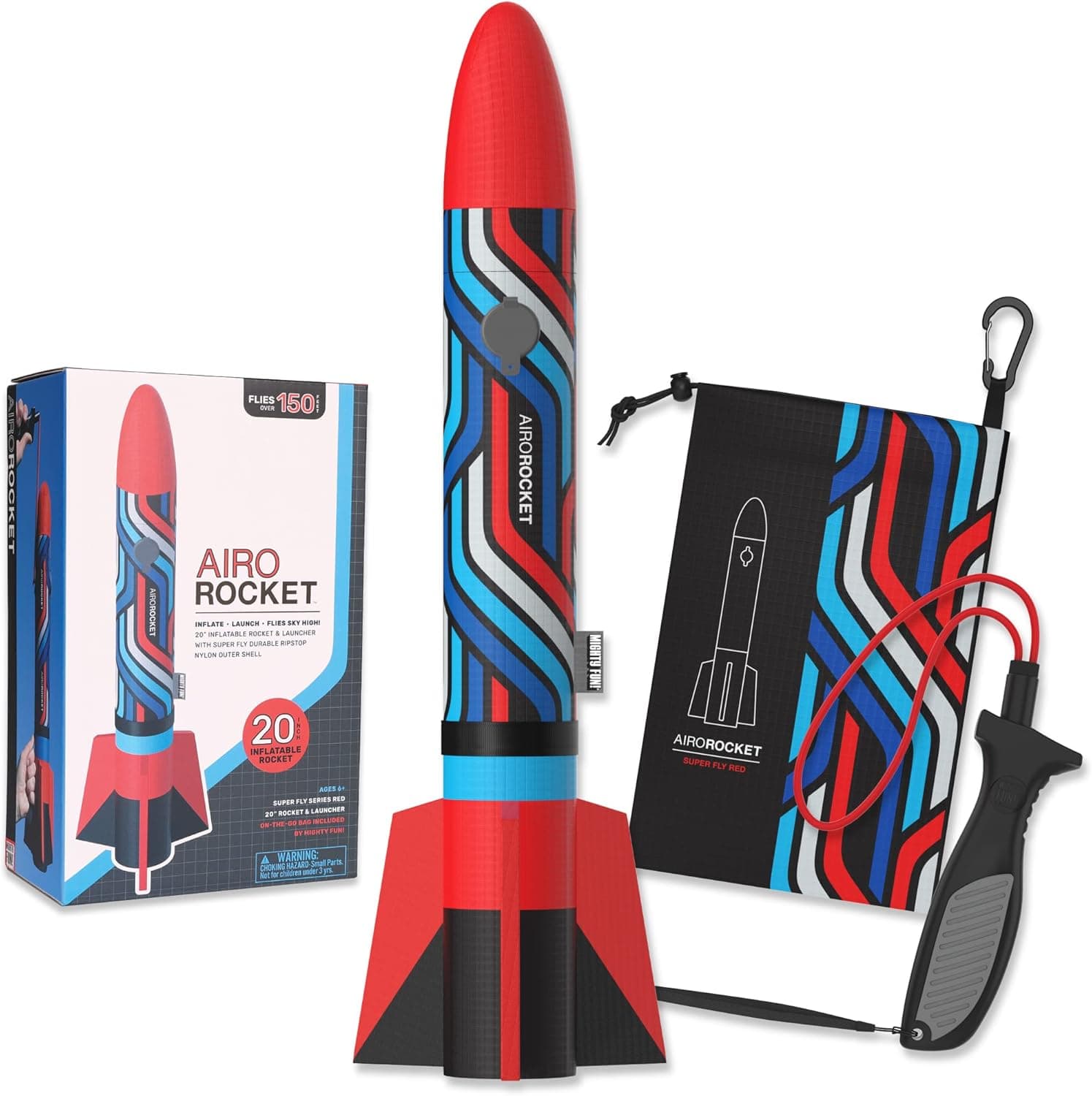 Mighty Fun! - Airo Rocket™ Hand Launched Inflatable Rocket Kit - Super Fly Series - Includes Giant 20 Inch Inflatable Ripstop Nylon Rocket, Hand Launcher and Storage Bag - Soars 150 Feet - Ages 6+
