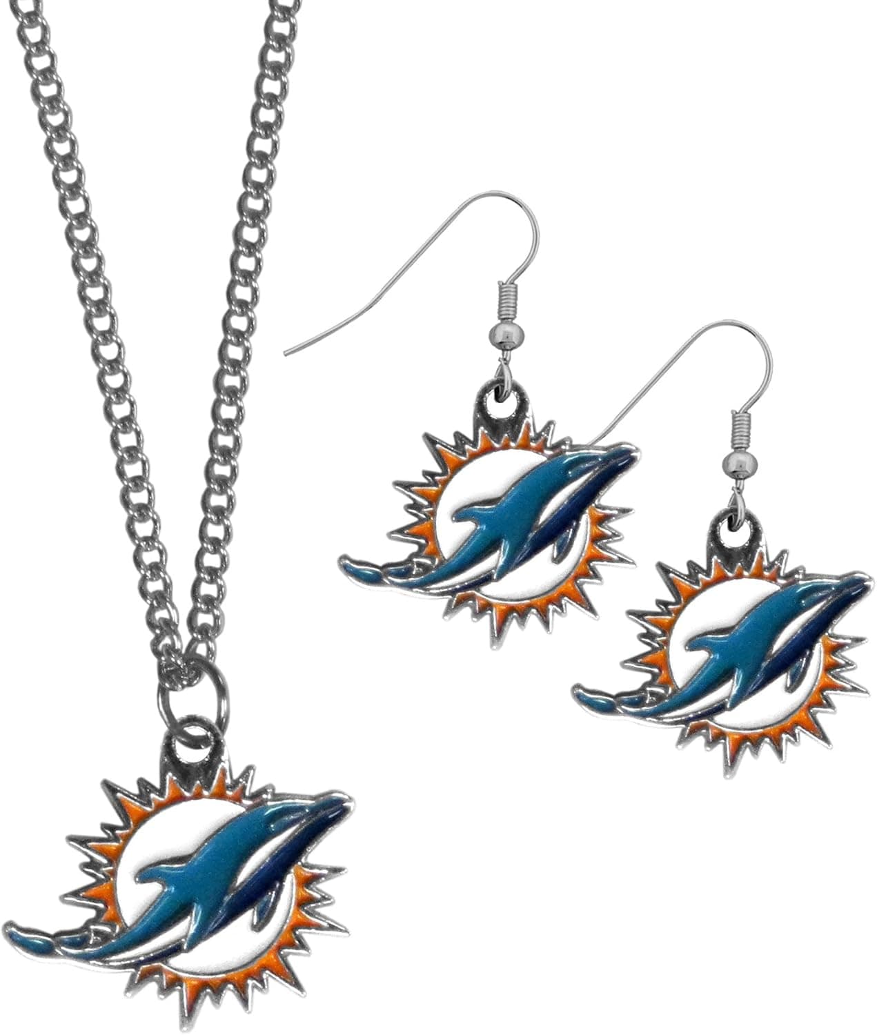 NFL Siskiyou Sports Womens Miami Dolphins Dangle Earrings and Chain Necklace Set One Size Team Color