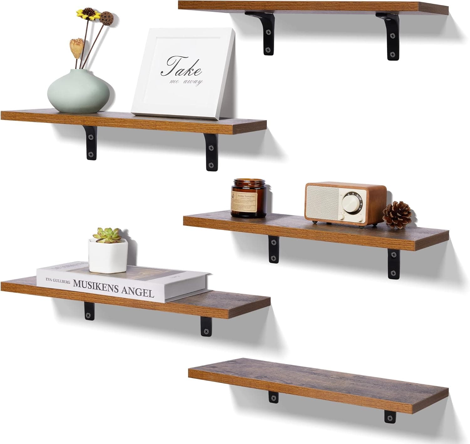 upsimples Floating Shelves for Wall Décor Storage, Wall Mounted Shelves Set of 5, Sturdy Wood Floating Shelves with Metal Brackets for Bedroom, Living Room, Bathroom, Over Toilet, Kitchen, Dark Brown