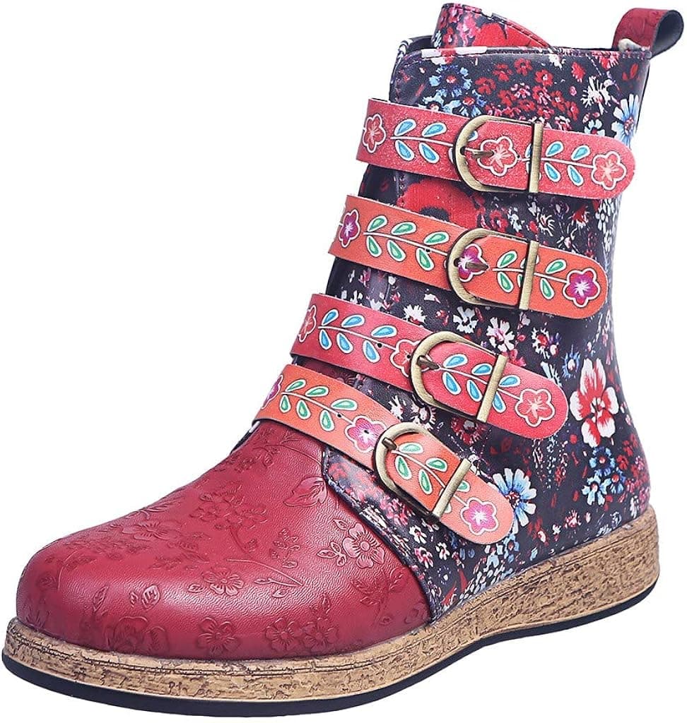 Womens Platform Leather Boots Vintage Floral Print Metal Buckle Side Zipper Round Toe Flat Mid-calf Boots Comfy Casual Western Boots Shoes