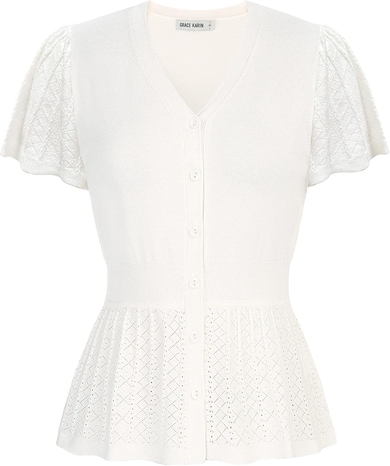 GRACE KARIN Women V-Neck Button Sweater Tops Ruffle Short Sleeve Lightweight Business Casual Shirt Trendy Summer Tops