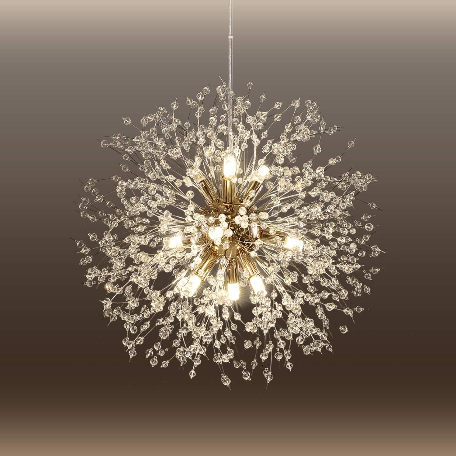 HUOKU Crystal Chandeliers Gold Dandelion Firework Chandelier, 9-Light Modern Crystal Pendant Lighting for Dining Room, Bedroom, Kitchen, Living Room (Dia 19.7 Inch)