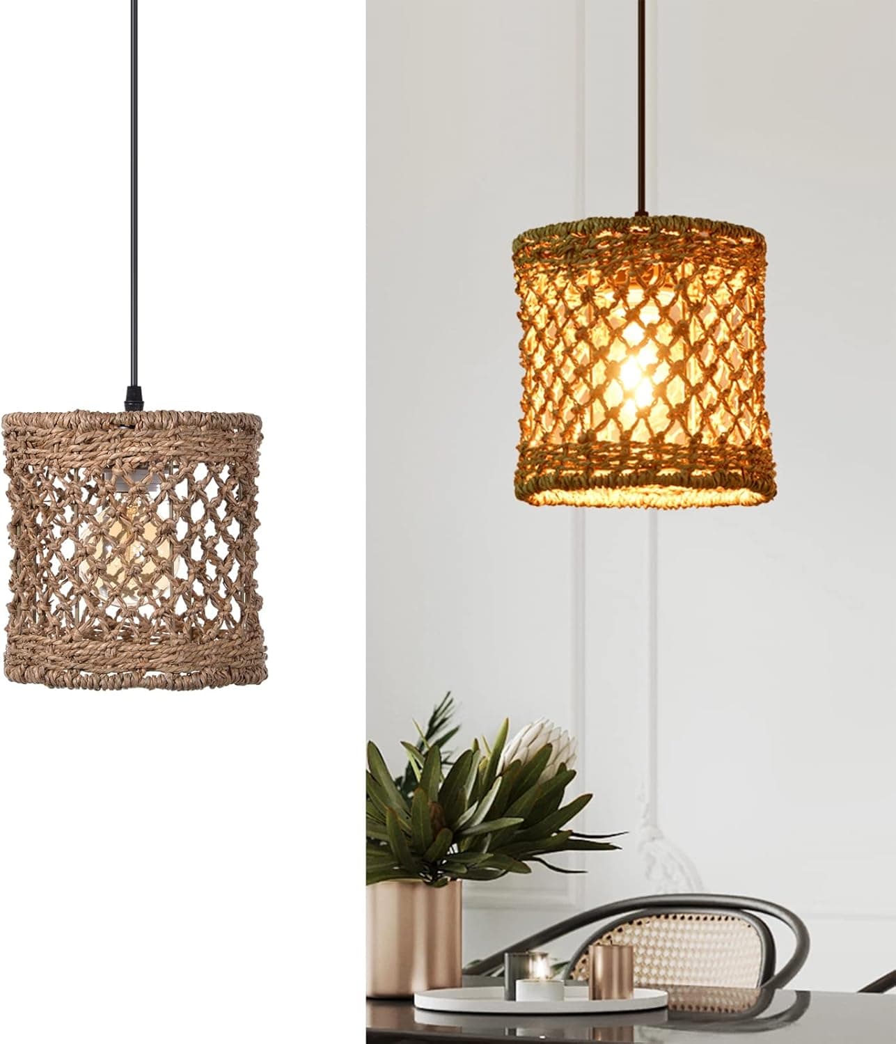 Arturesthome Boho Hand Woven Rattan Pendant Light Fixture, Mini Farmhouse Natural Chandelier Lighting, Retro Wicker Hanging Lamp for Kitchen Island