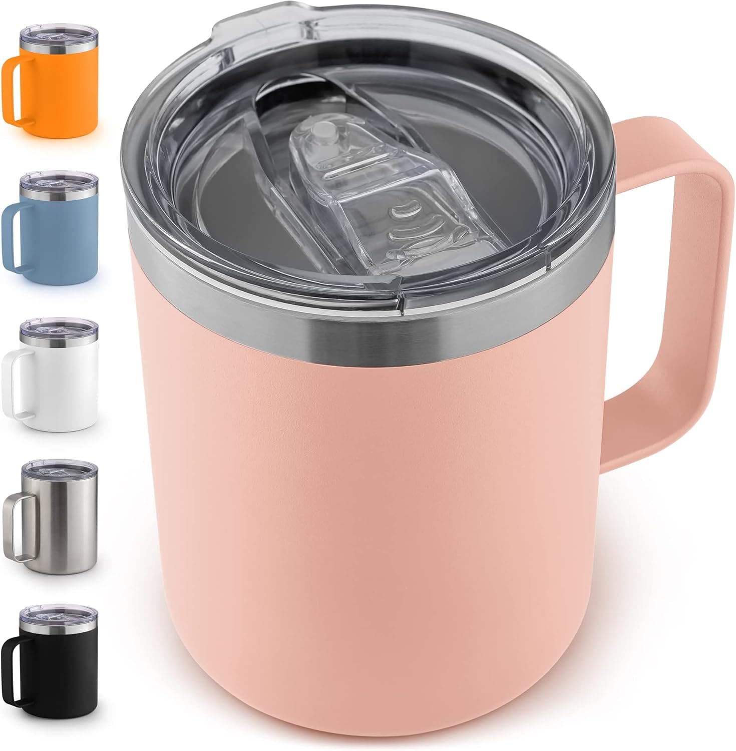 Zulay 12 oz Insulated Coffee Mug with Lid - Stainless Steel Camping Mug Tumbler with Handle - Double Wall Vacuum Duracoated Insulated Mug For Travel, Camping, Office, Outdoor (Pink)