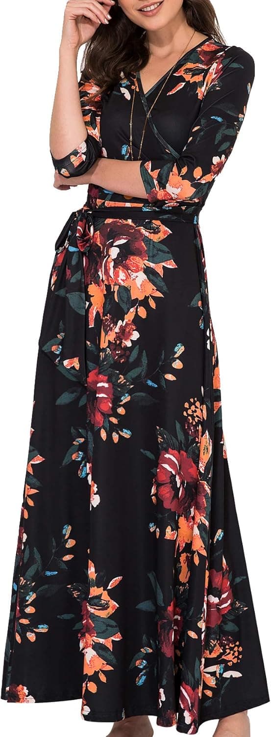 Aphratti Women's Casual Fall Dress 3/4 Sleeve Faux Wrap Long Maxi Dress