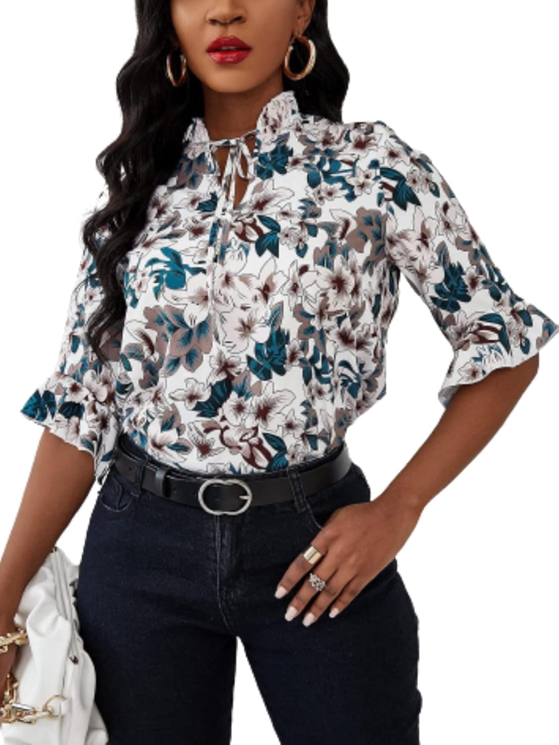 Floerns Women's Floral Print Frill Tie Neck Flounce 3/4 Sleeve Blouses Tops Multi 1 XL
