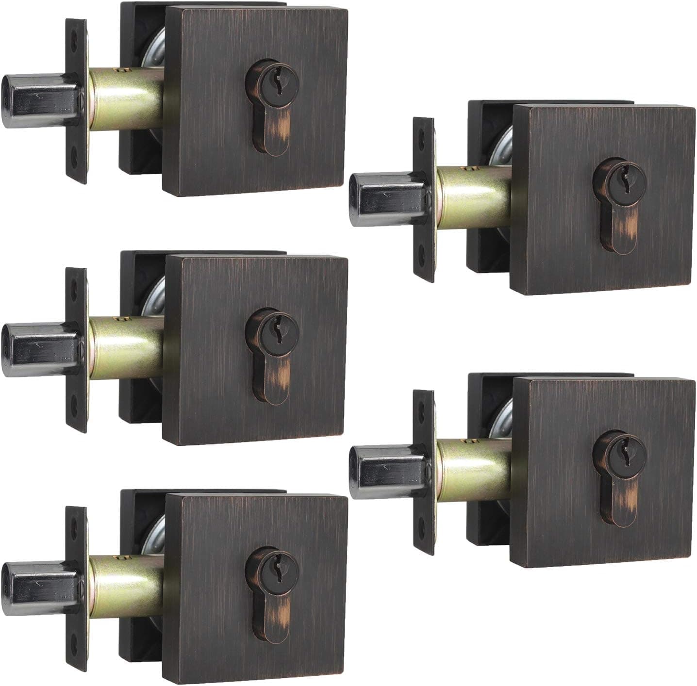 Probrico Square Deadbolts Oil Rubbed Bronze Double Cylinder Different Key Sets for Interior and Exterior, 5 Pack
