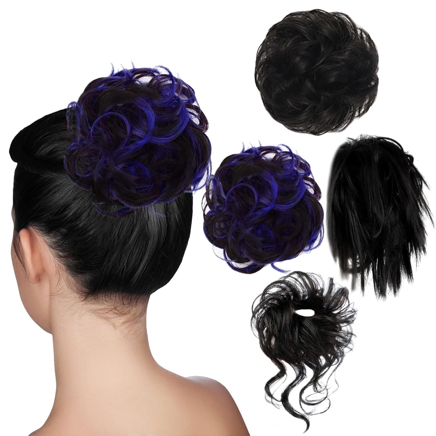 MS.ING 4pcs Messy Hair Bun Straight Hair Bun, Tousled Updo Messy Bun Hair Piece with Elastic Band, Ponytail Bun Hair Chignon Scrunchies for Women Girls (01-4pcs Black)