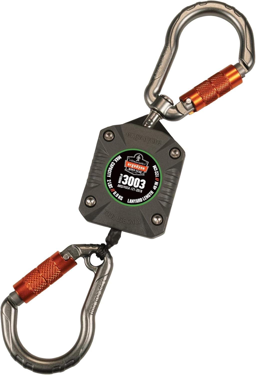 Ergodyne Squids 3003 Retractable Tool Lanyard with Two Locking Carabiners, Swivel Design , Gray