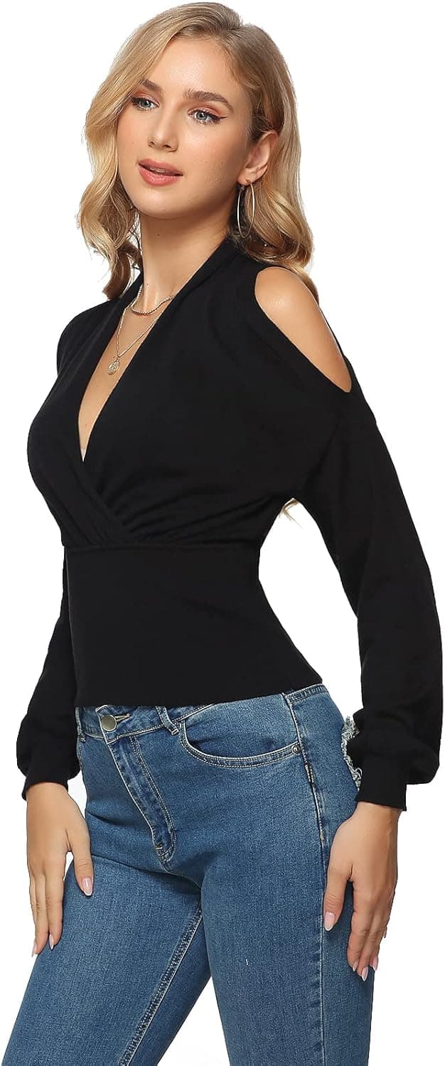 Mliyasan Women's Cold Shoulder Wool Blend Pullover Sweater Long Sleeve Crossed V Neck Sexy Lightweight Knitted Tunic Tops