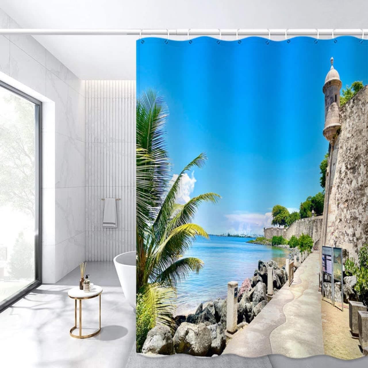 KGA Shower Curtain, Modern Shower Curtains, Shower Curtains for Bathroom, Curtain Set with Hooks, Machine Washable, 72” x 72” Inches,El Morro, Puerto Rico