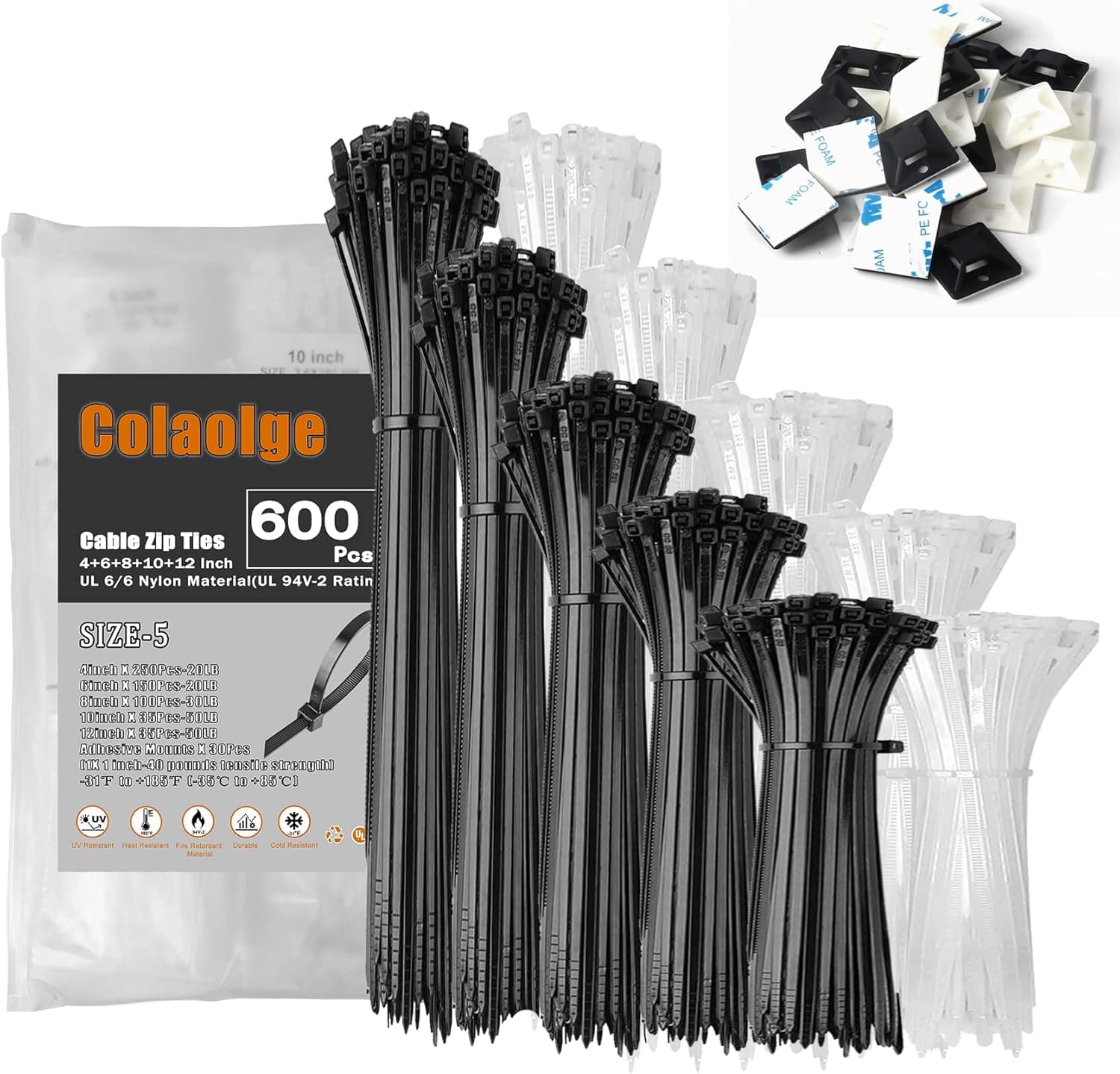 Zip Wire Ties 600Pcs Small Cable Zip Ties with Cable Mounts Nylon Zip Cable Ties Assorted Sizes 4+6+8+10+12 Inch, Self-Locking Tie Wraps Perfect for Home Garden Trellis Office Garage Workshop
