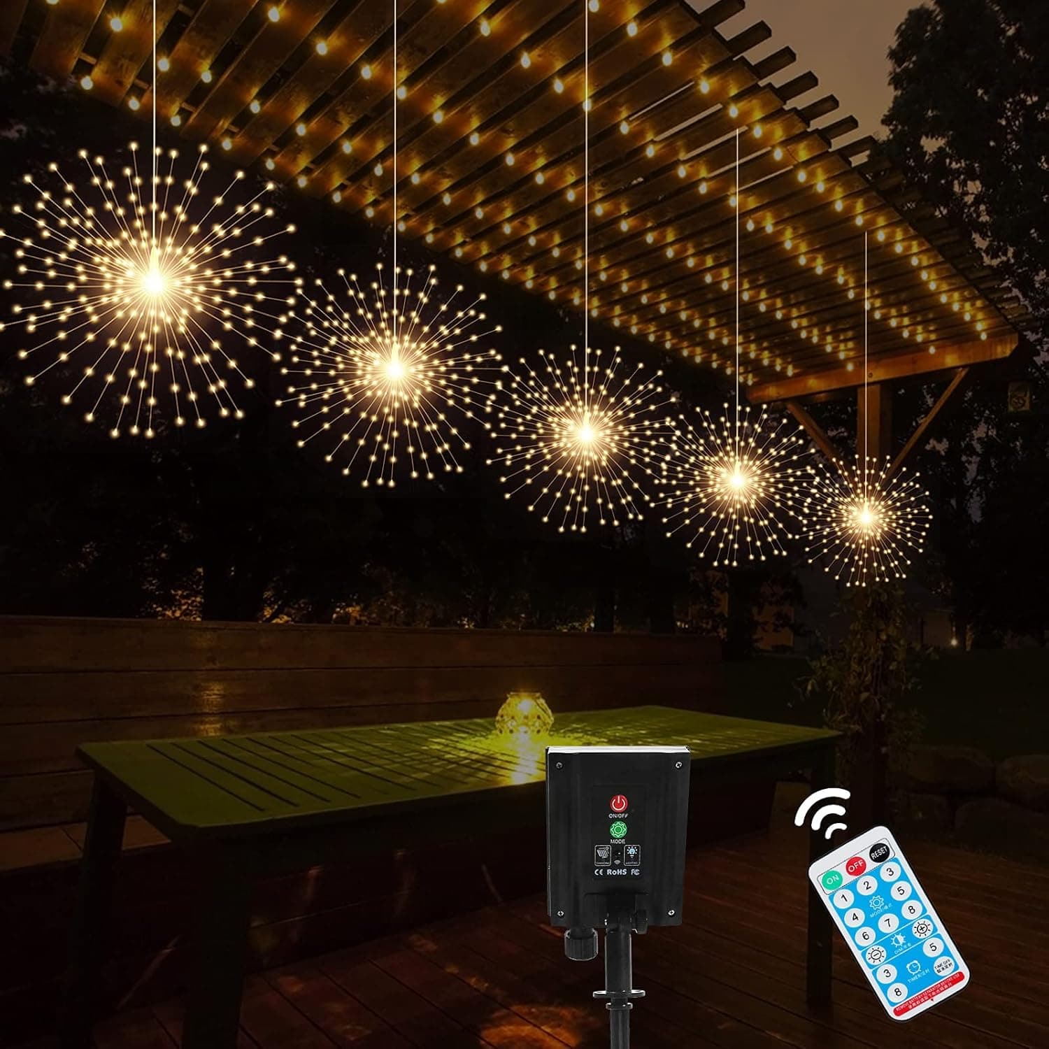 PXBNIUYA 5 Pack Solar Starburst Sphere Lights,200 LED Firework Lights, 8 Modes Dimmable Waterproof Hanging Fairy Light, Copper Wire Lights for Patio Parties Christmas (Warm White)