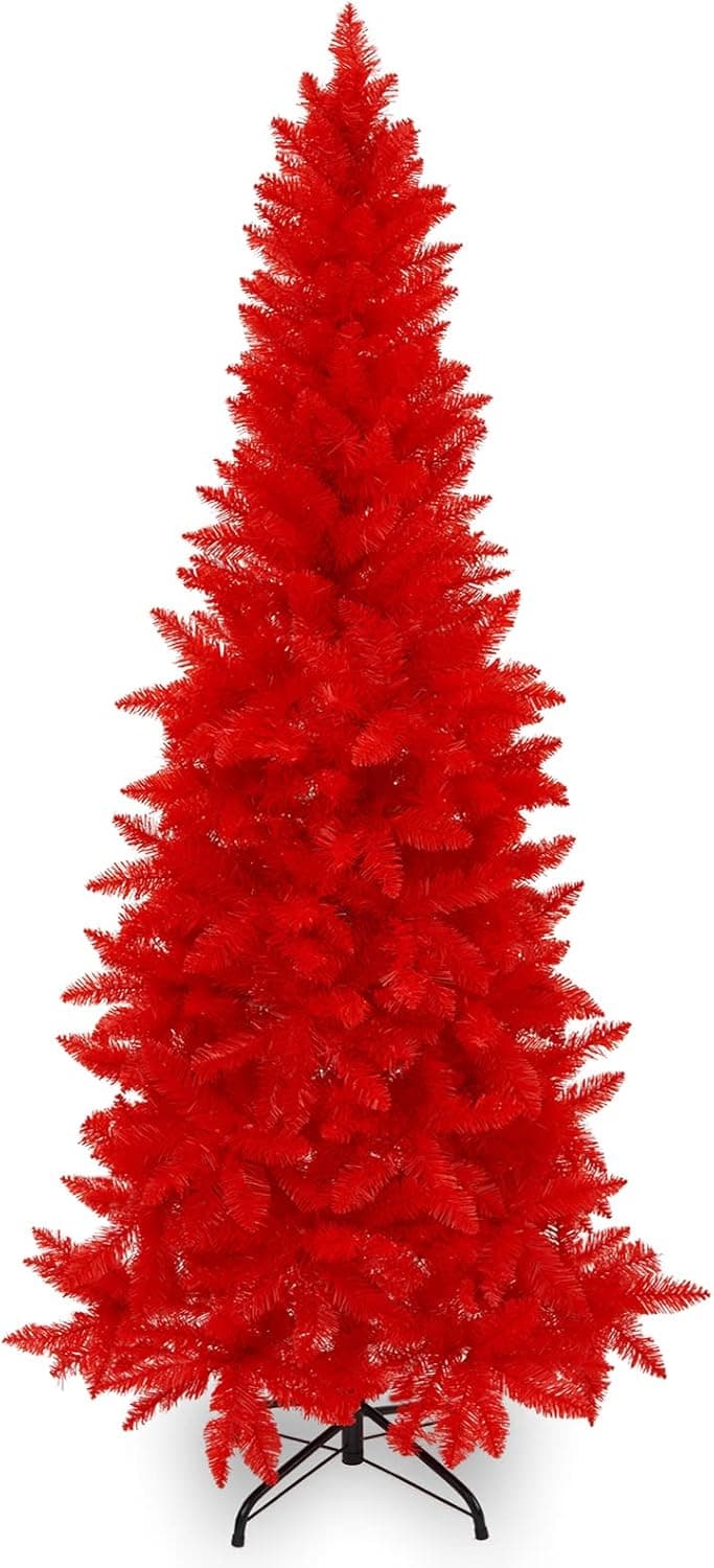 Wabolay 7ft Artificial Pencil Slim Orange Red Christmas Tree Unlit-Tall Skinny Hinged Full Real Halloween Xmas Tree with 950 Branch Tips-Foldable Metal Stand-Easy Setup-Holiday Outdoor Indoor Decor