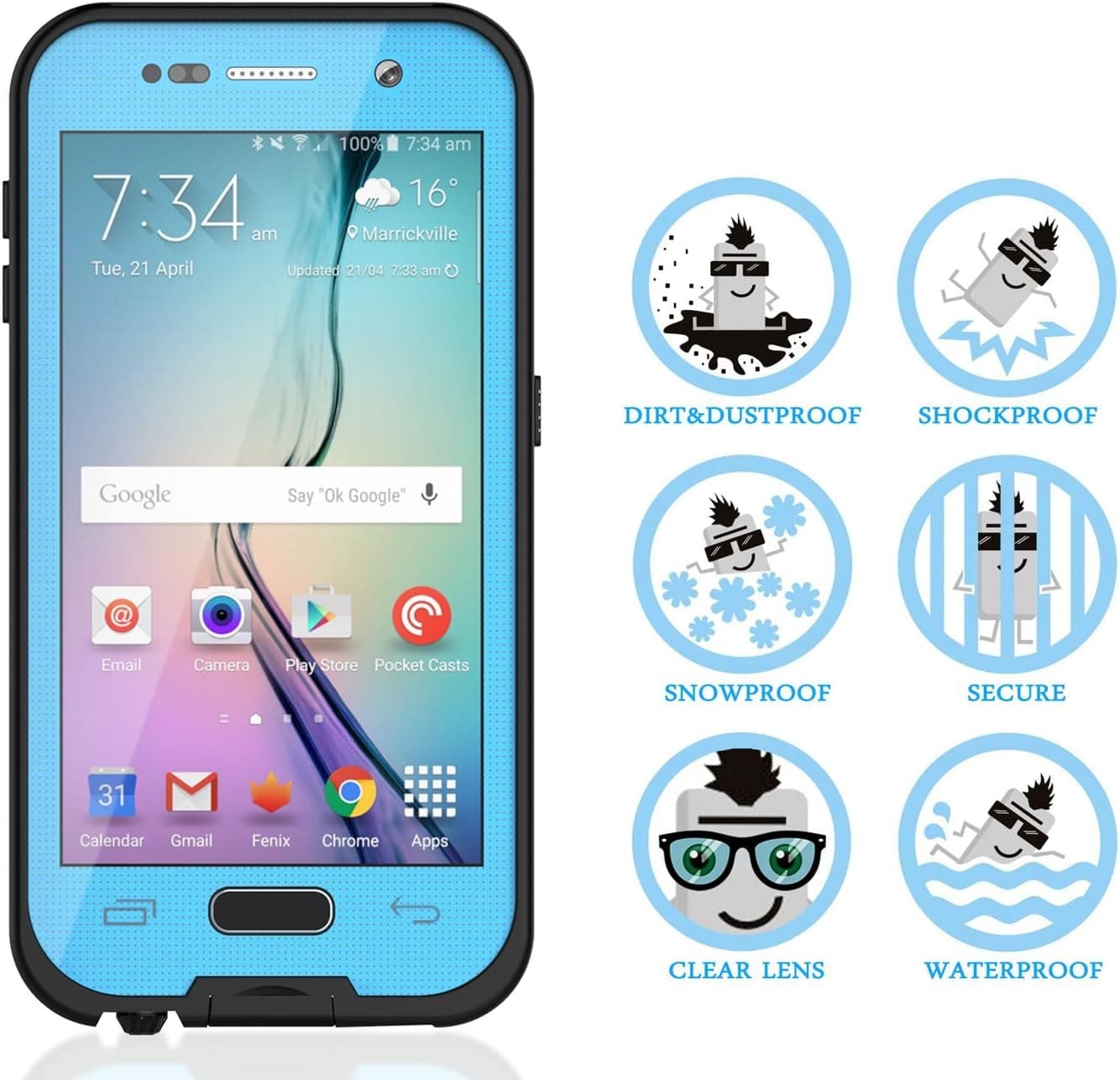 PunkCase Galaxy S6 Waterproof Case, SpikeStar Light Blue Case for Samsung Galaxy S6 6.6ft Underwater Waterproof Case W/Attached Screen Protector Cover Case for Galaxy S6 PUNKS6K005