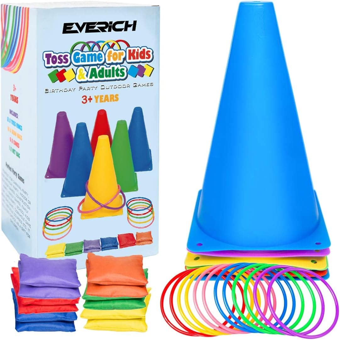 EVERICH TOY Yard Games for Kids and Adults-Ring Toss Game for Kids-Lawn Outdoor Games for Family-with 10 Plastic Ring and 5 Ropes,1 Carry Bag