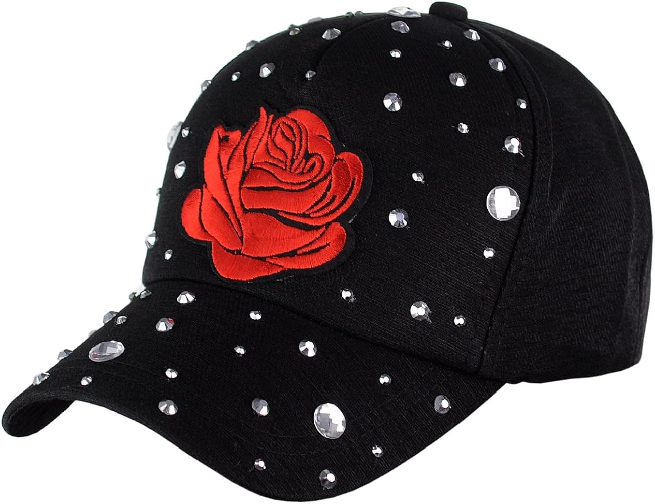 NYFASHION101 Rhinestone Stud Center Rose Patch Black Baseball Cap Hat