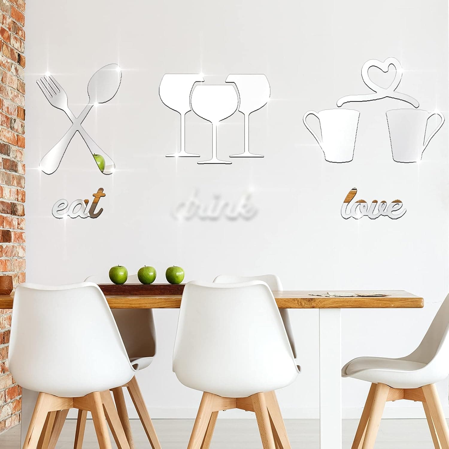 Outus Kitchen Logo Mirror Wall Stickers, Fork Spoon Cup Teacup 3D Acrylic Mirror Decal, Eat Love Sign DIY Mirror Decor, Kitchen Logo Removable Mural Stickers for Restaurant Living Room Cafe Bar