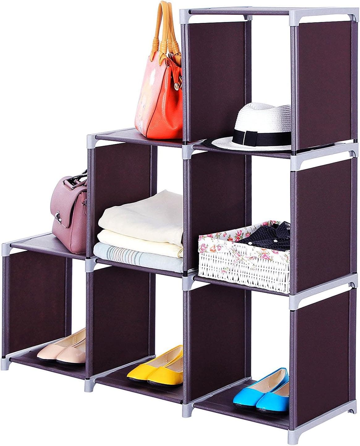 Knocbel Freestanding Storage Cube Shelving Organzier Units Waterproof Non-Woven Fabric Storage Rack for Bathroom, Kitchen, Bedroom, Living Room, Office (Dark Brown 6-Cube)