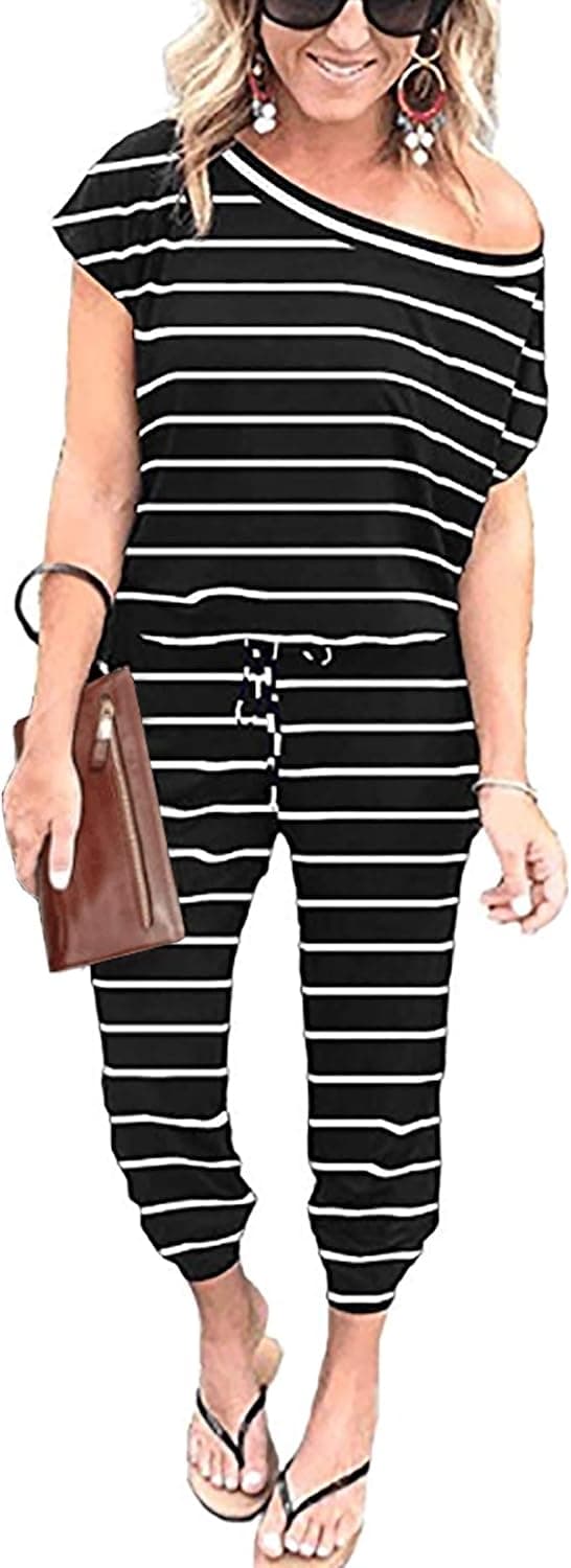 Angashion Women's Jumpsuits - Crewneck One Off Shoulder Short Sleeve Elastic Waist Romper Playsuits Black 2010 S