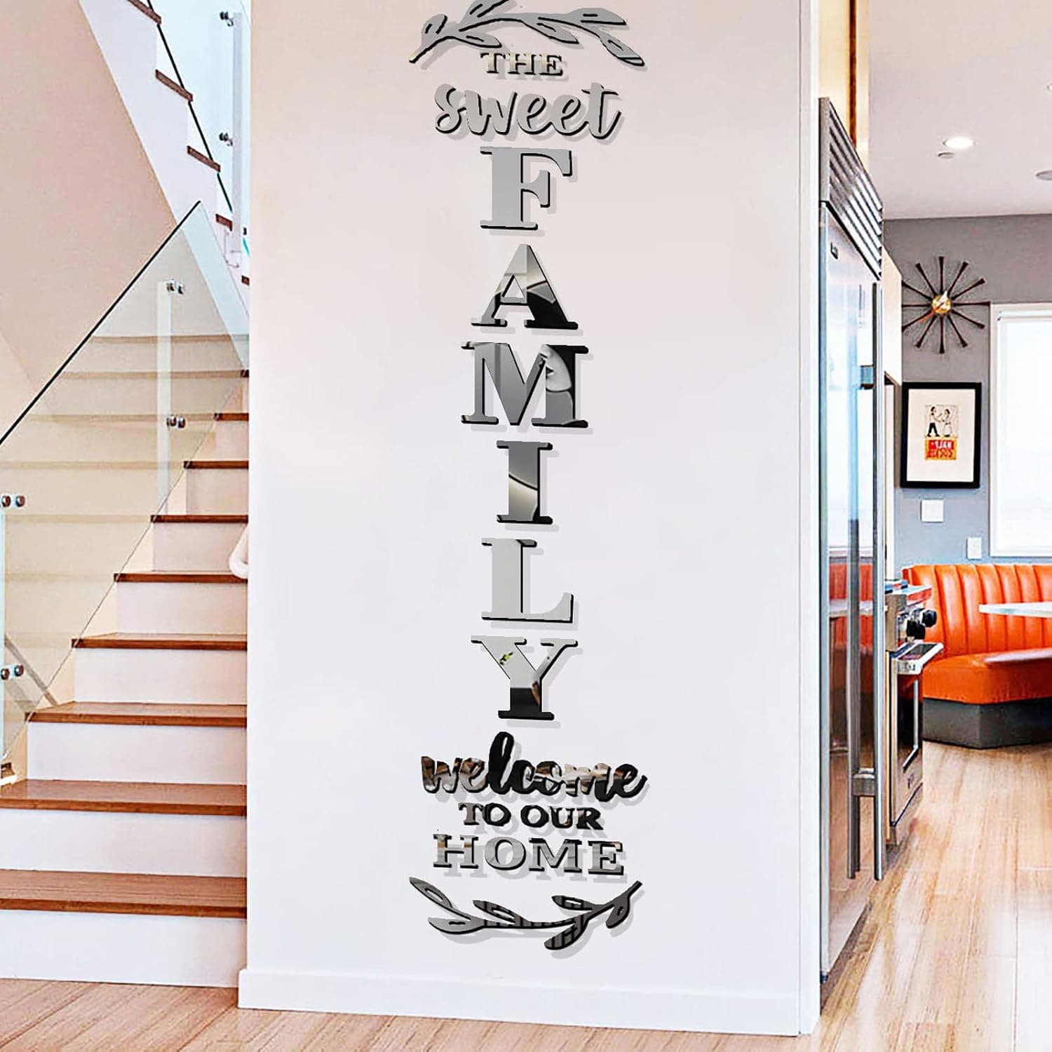 YUZUCMCM Home Wall Decor Family Letter Signs Mirrors Wall Stickers Wall Decor for Living Room Bedroom Wall Decals Peel and Stick(Silver, 88 X 18 in)