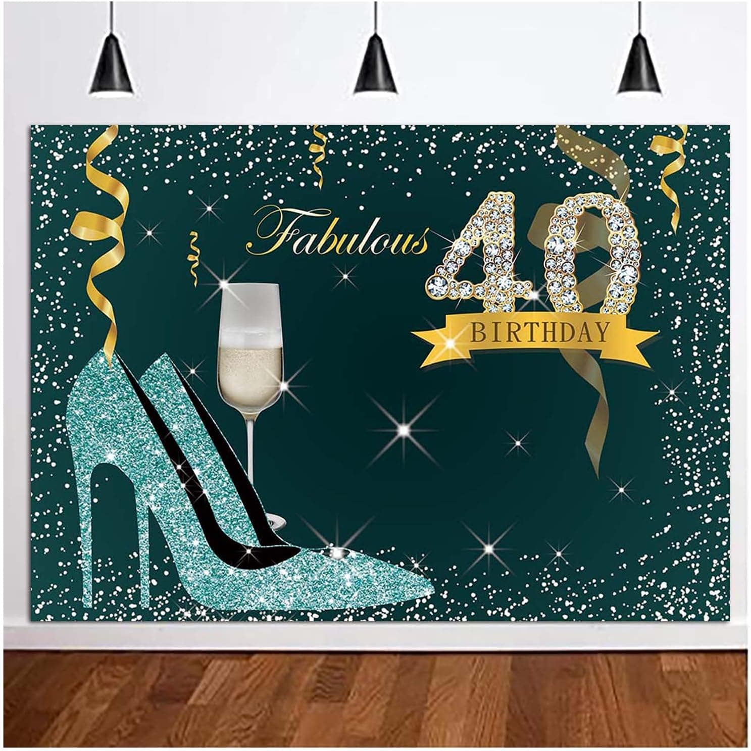 XLL Teal Gold Glitter 40th Birthday Photography Backdrops Silver Dots High Heels Fabulous Women Forty Birthday Party Photo Background Adults Women Cake Table Party Decoration Banner 7x5ft