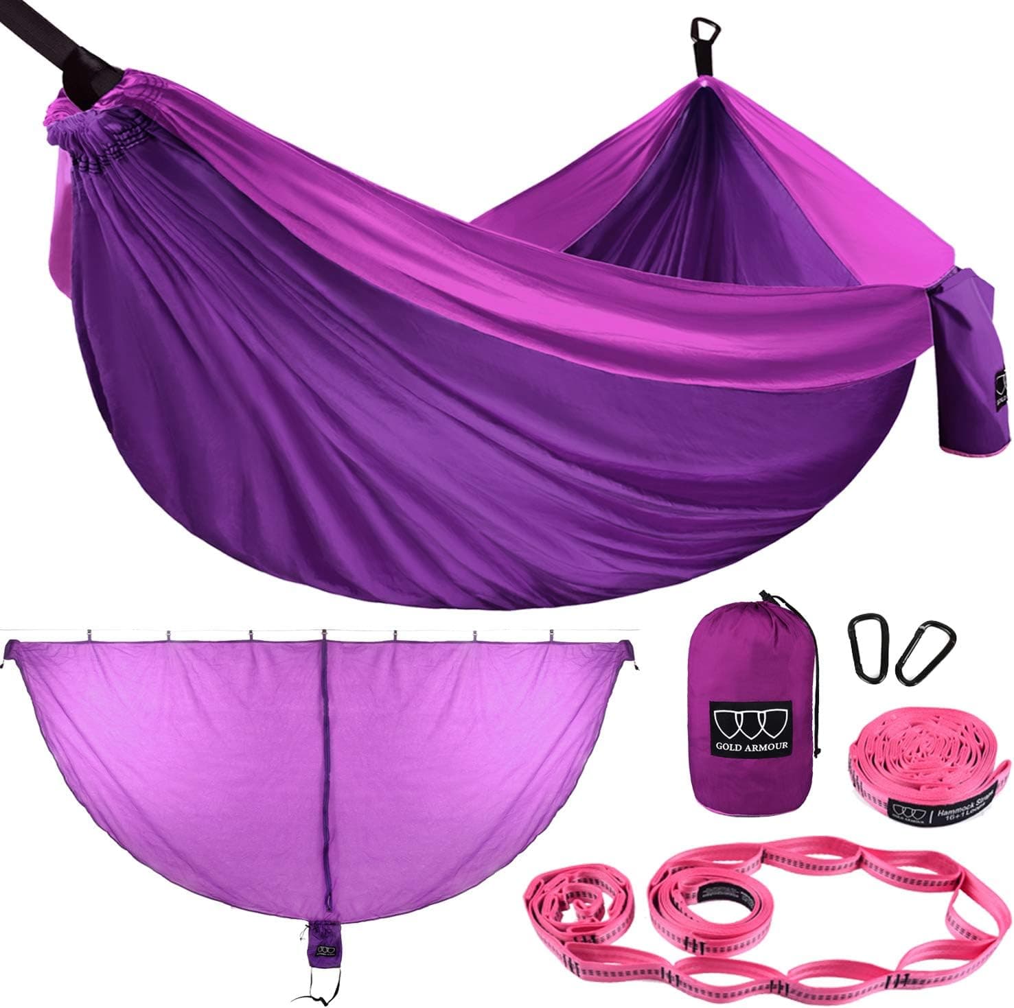 Gold Armour Camping Hammock with Bug Net - XL Double Hammock Portable Hammock Camping Accessories Gear Mosquito Bug Net Set for Outdoor Indoor, USA Based Brand (Purple & Fuchsia)