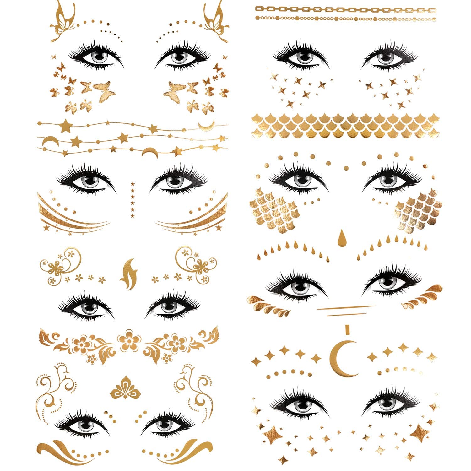 Konsait 8 Sheets Face Tattoo Sticker Metallic Temporary Transfer Tattoo Waterproof Face Jewels for Women Girls Make Up Dancer Costume Parties, Shimmer Glitter Gold Tattoos,Scale Tears Butterfly Freckl