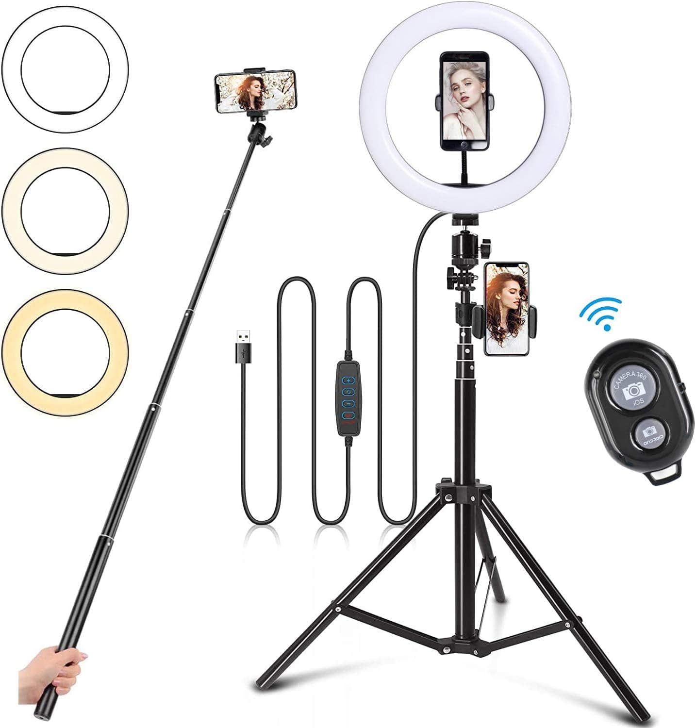 10.2 inch Selfie Ring Light with 63’’ Tripod Stand, led Selfie Ring Light with Phone Holders for Live Stream/Makeup/YouTube Video/TikTok,Compatible with All Phones