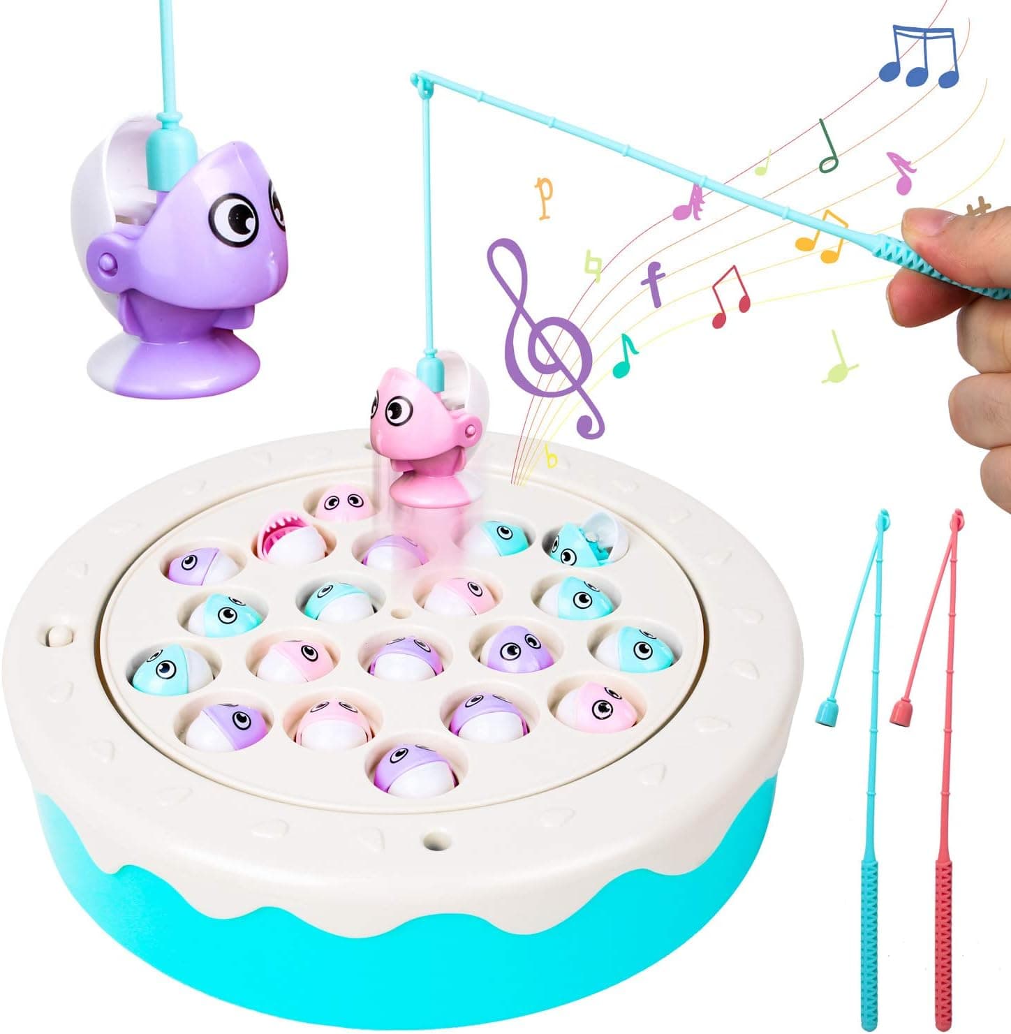 PROLOSO Fishing Game Toy Set with Music Rotating Board 21 Fish 2 Poles Magnetic Fishing Game for Toddlers Kids Toddlers 2 3 4 Year Old