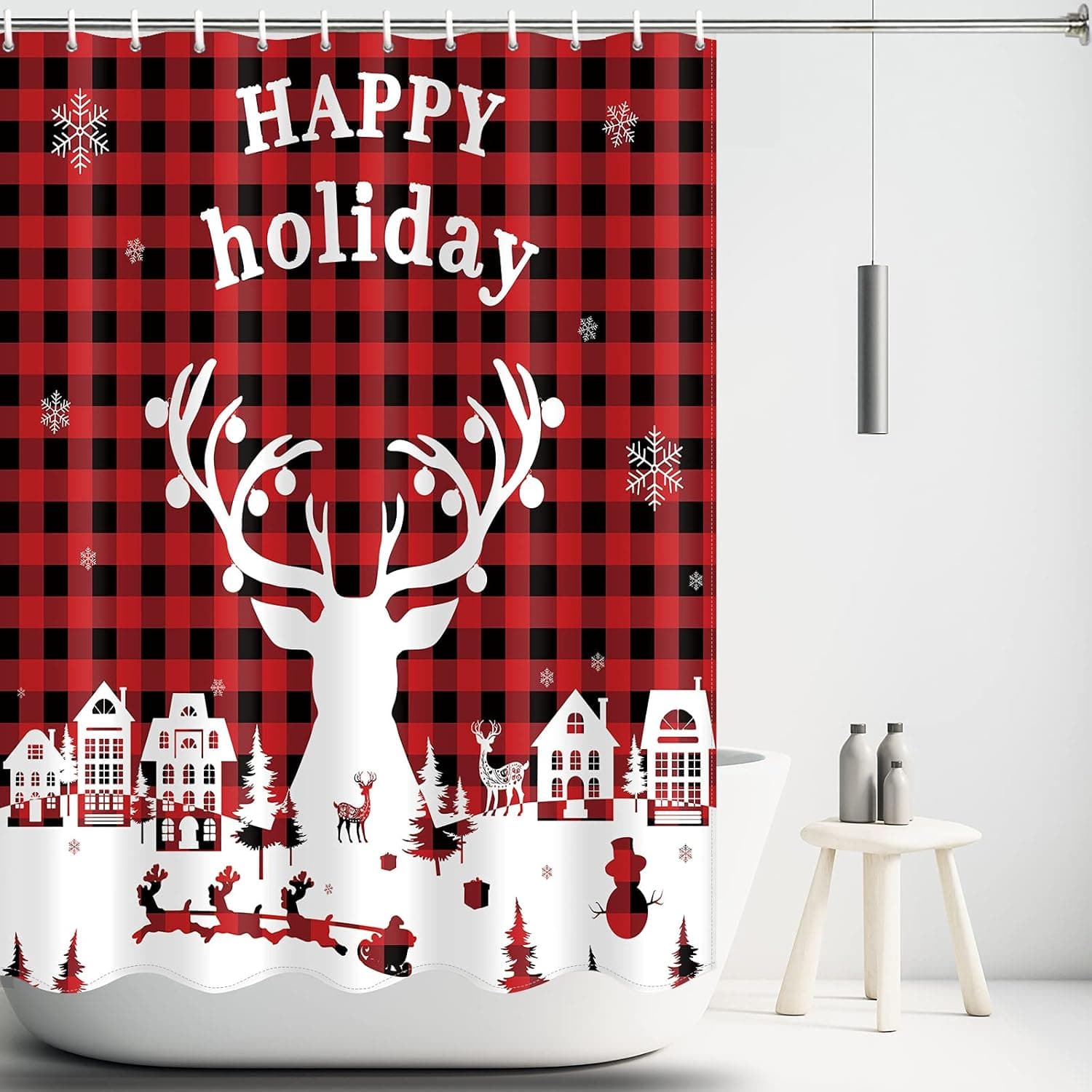 Amtoodopin Merry Christmas Shower Curtain White Deer Shower Curtain Black Red Buffalo Plaid Shower Curtain Happy Holiday Winter Shower Curtain with Hooks