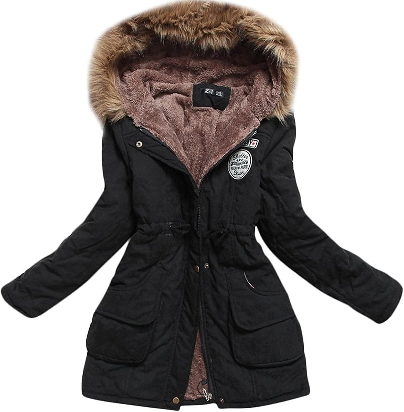 Playworld Womens Hooded Warm Winter Coats Parkas With Faux Fur Jackets, Black With Hood, Size XL(Label size 3XL)
