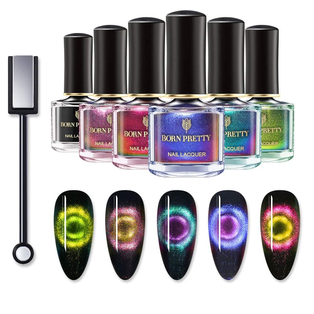 Born Pretty 9D Cat Eye Magnetic Nail Polish Black Hole Effect Manicure Nail Art 5 Bottles Set,Black Base Polish with Magnet Sticks
