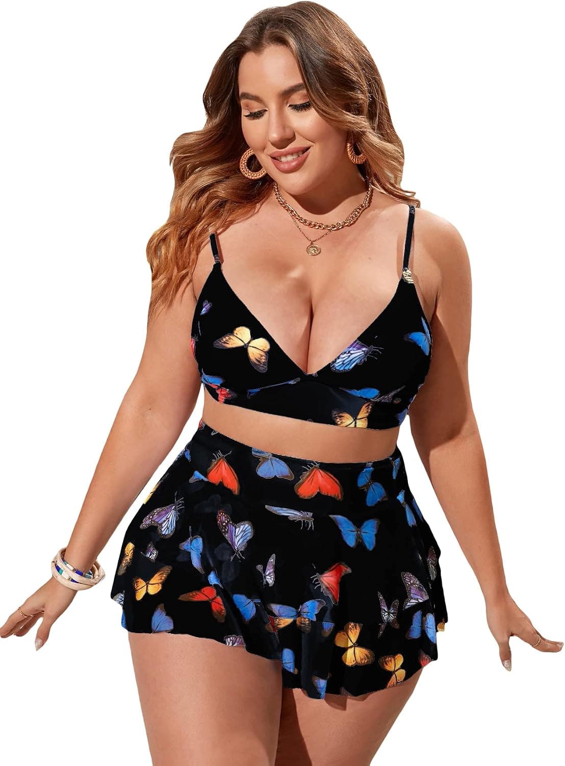 Romwe Women's Plus Size Butterfly Print High Waist Bikini Set 3 Piece Swimsuit Bathing Suit with Skirt