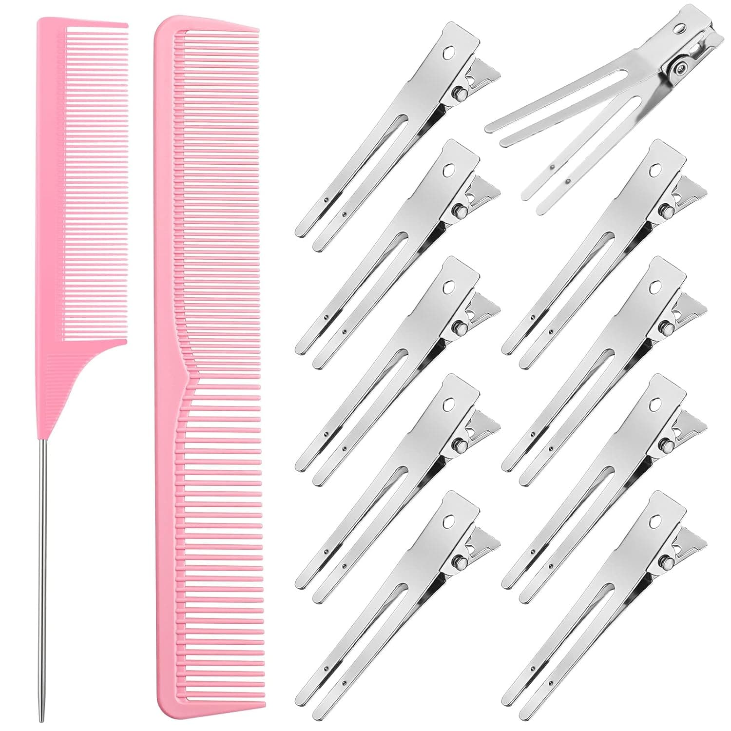 52 Pieces Hair Comb Set Locks Comb Dread Clips Includes Rat Tail Combs, Taper Hair Comb and 50 Double Prong Curl Clips for Men and Women Wavy Curls Hair Types (Pink)