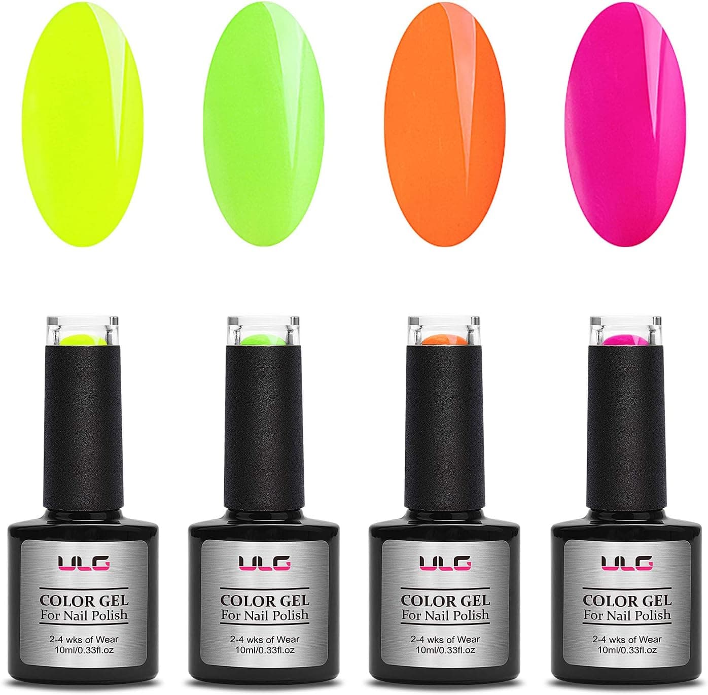 Gel Nail Polish Fluorescent Colour Set ULG 4 Bright Hot Colors Nail Polish Gift Box, Soak Off UV LED Gel Polish Kit 10ml 0.33fl.oz