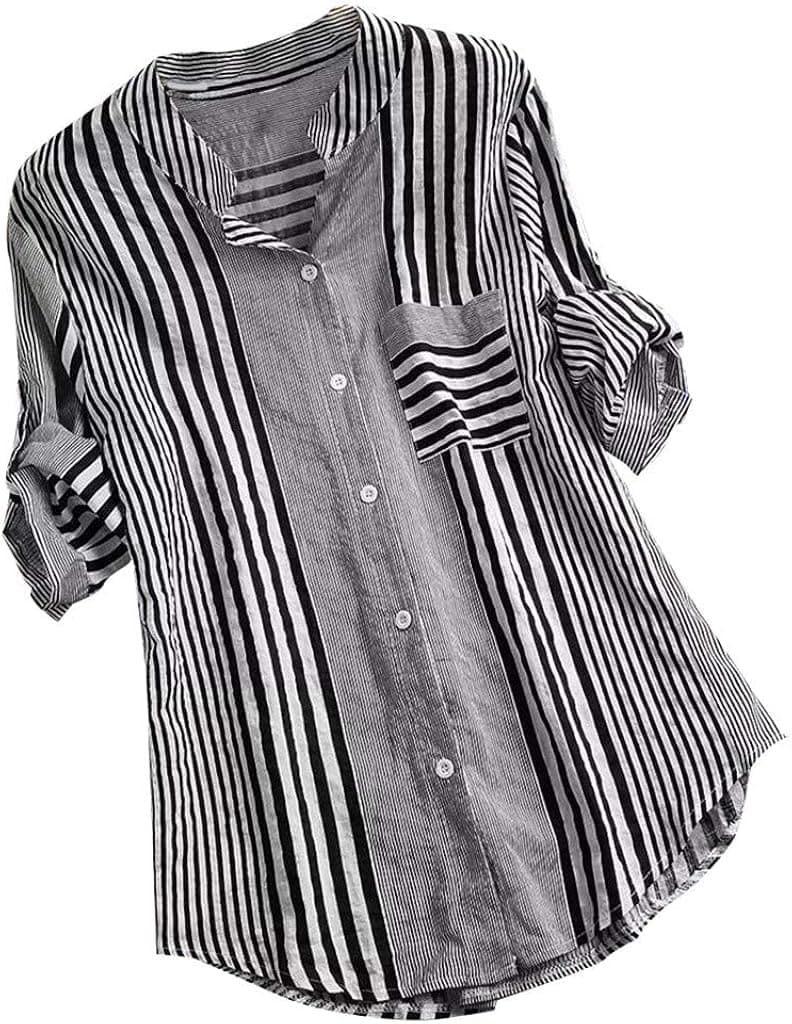 Meikosks Women's Oversized Blouses Three Quarter Sleeve Shirt Striped Print Tunic Loose Tops