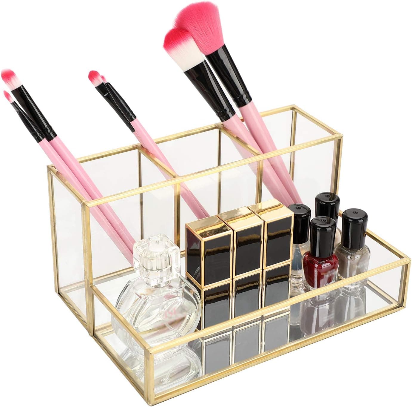 BTSKY Golden & Glass Mirrored Storage Box Glass Pen/Pencil Cup Container Cosmetics Storage Holder Brushes Perfume Lipsticks Nail Polish Vanity Organizer Decoration for Home, Bathroom, Office