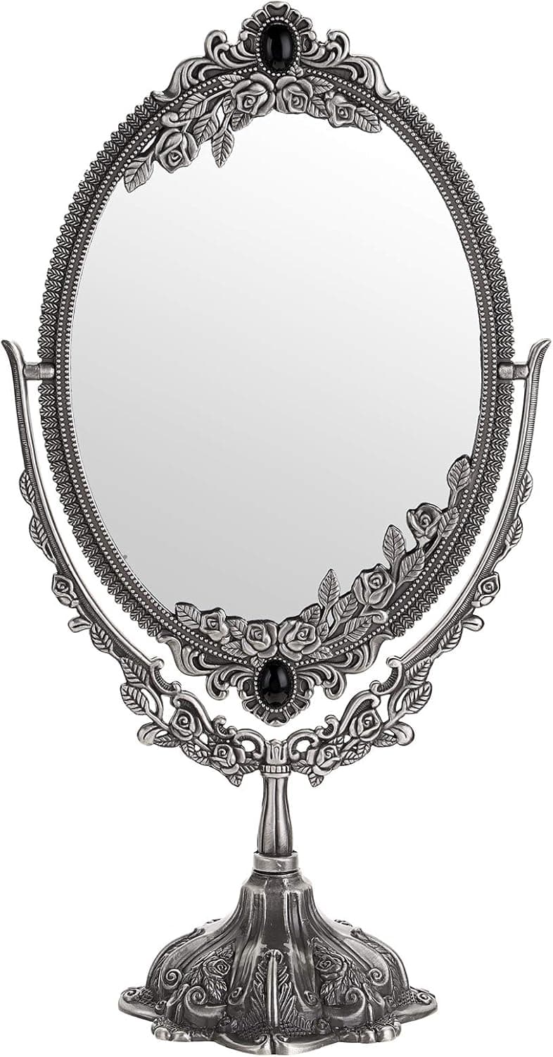 JUXYES Metal Tabletop Antique Decorative Makeup Mirror with Stand, Vintage Swivel Double Sided Cosmetic Mirror with Frame, Retro Desktop Oval Dressing Mirror for Bathroom Bedroom