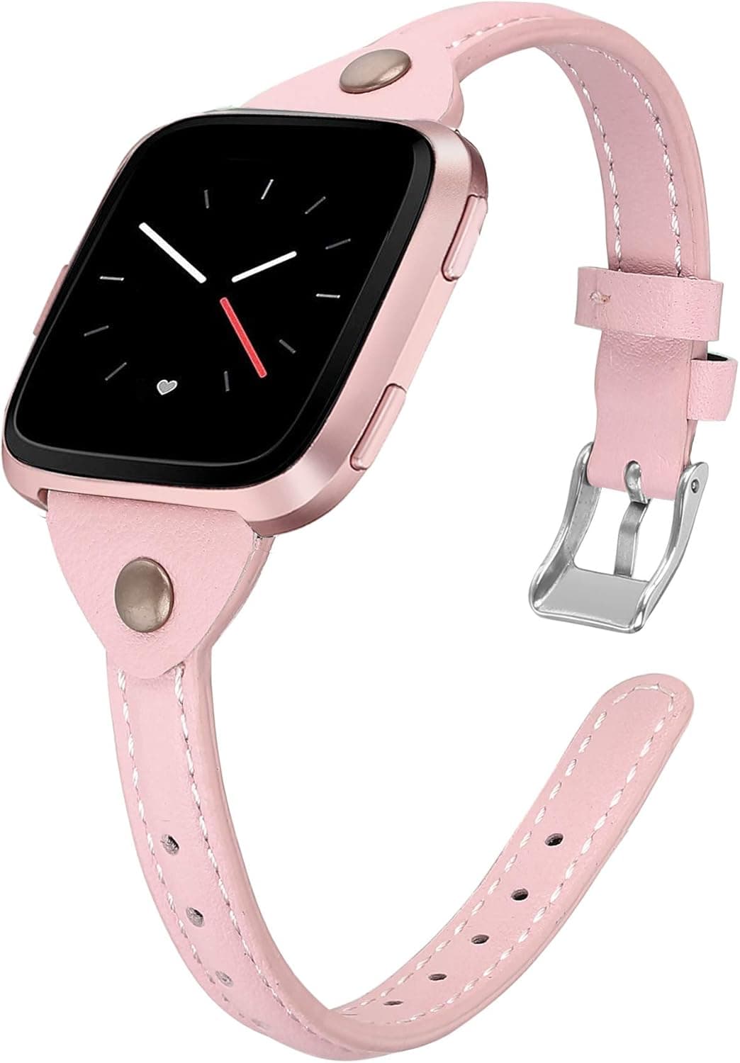 bayite Slim Leather Bands Compatible with Fitbit Versa/Versa 2 Smartwatch, Breathable Soft Genuine Leather Strap Women (5.3"-7.8"), Pink