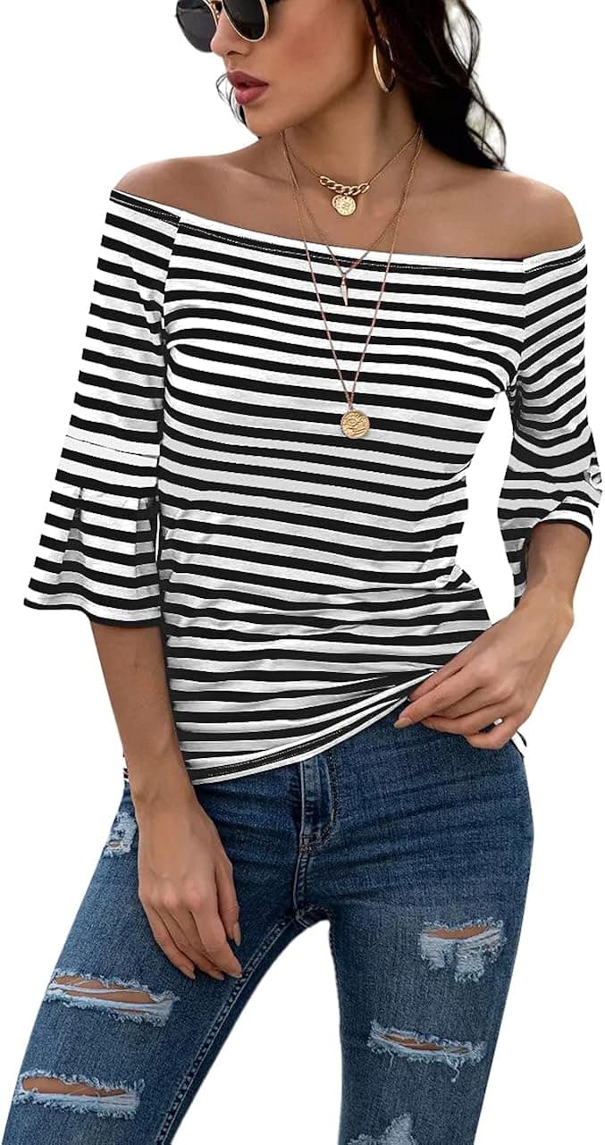 MAYFASEY Women's Off Shoulder Tops Stretch Flared 3 4 Sleeve Striped T Shirt Blouse