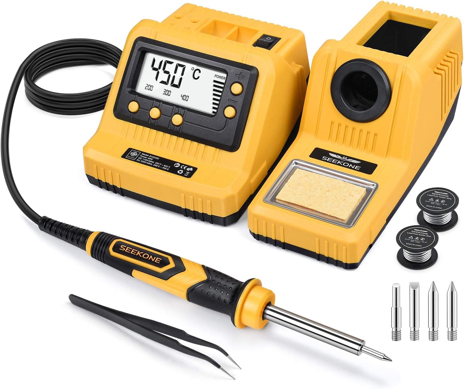 SEEKONE Soldering Station, 60W Solder Iron Station Kit with Digital LCD Display Adjustable Temperature 392°F-842°F Standby Function 4 Solder Tips and 2 Solder Coils for Welding