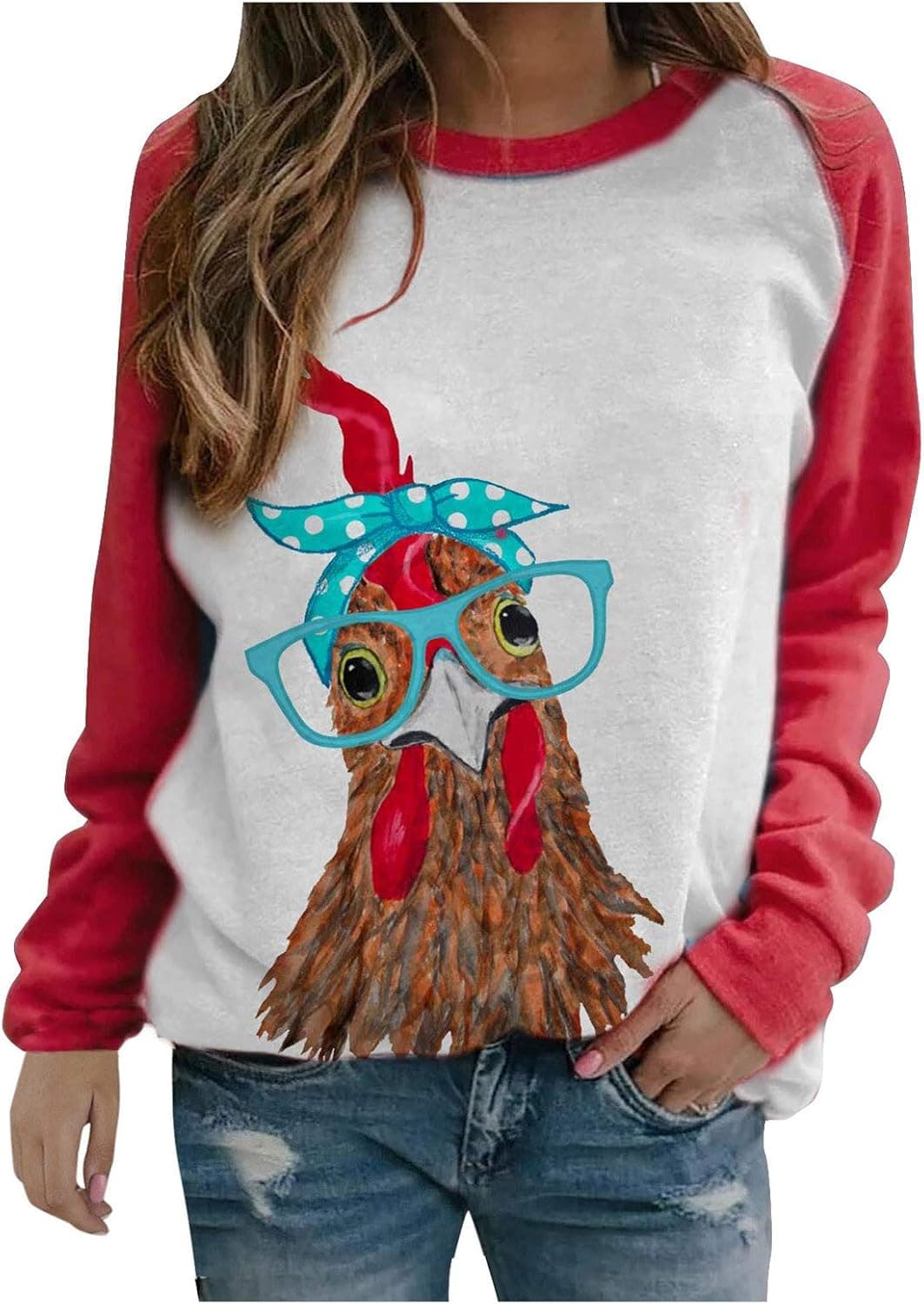 Funny Rooster with Glasses Tops for Women Chicken Raglan Shirts Long Sleeve Cute Cartoon Graphic Pullover Shirt Blouse