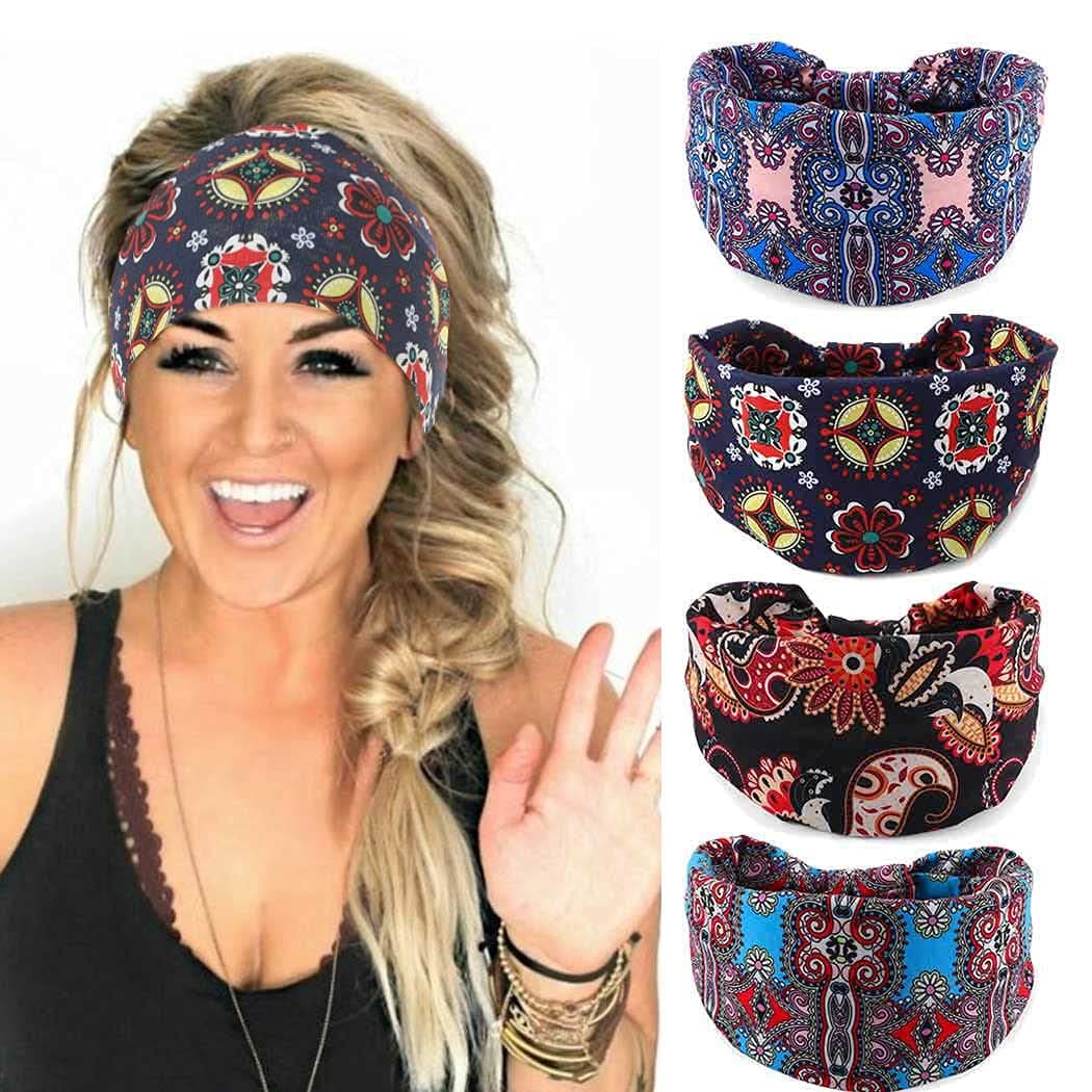 GORTIN Boho Beadeau Headbands Black Wide Hair Bands Stretch Knotted Head Bands Twist Turban Headband Floral Head Wraps for Women and Girls Pack of 4