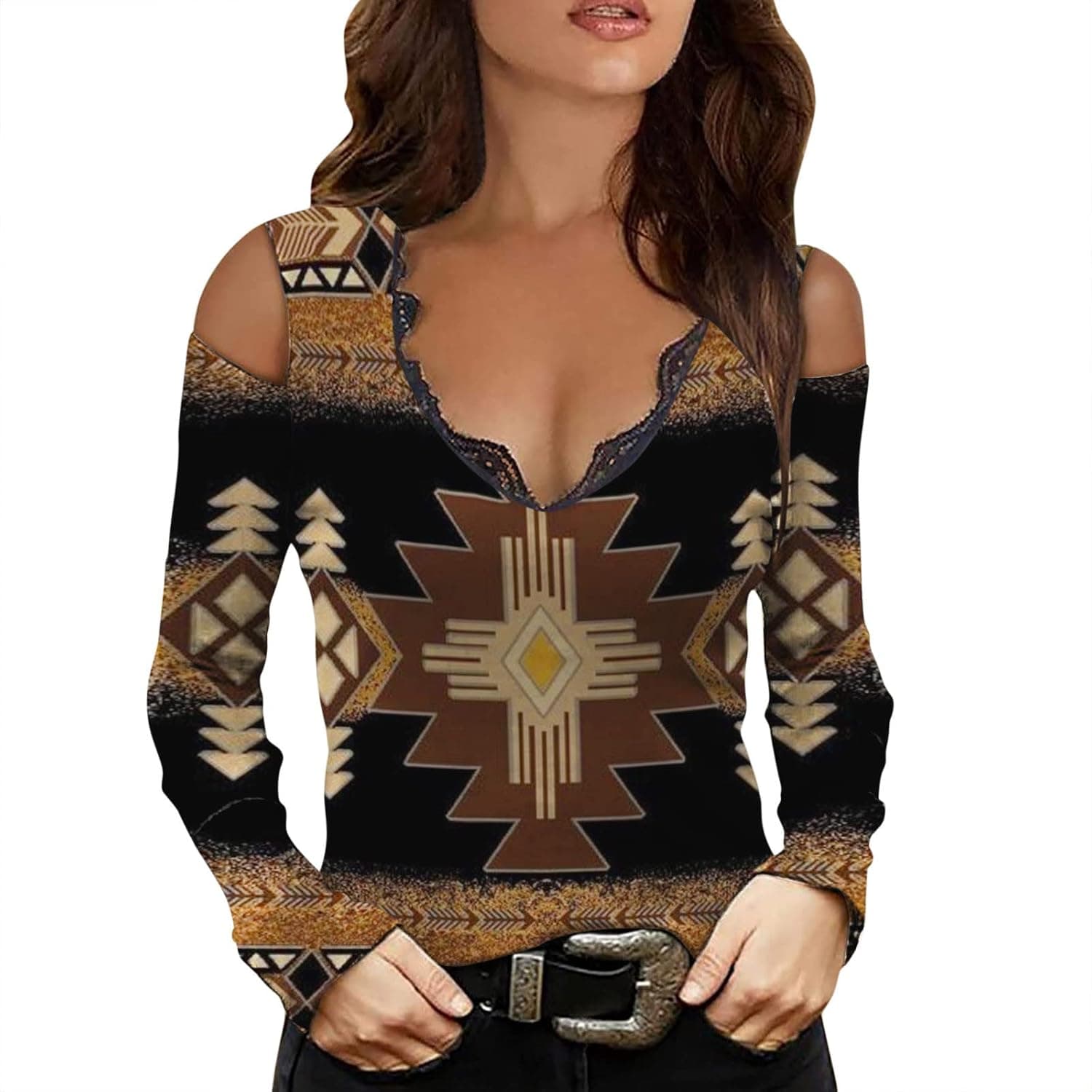 Cold Shoulder Tshirts for Womens Sexy Lace Deep V Neck Long Sleeve Shirt Fitted Fall Spring Aztec Graphic Tee Tunic Top Patterned Blouse Summer 2022 Aesthetic Casual Casual T-Shirt Low Geometric Brown