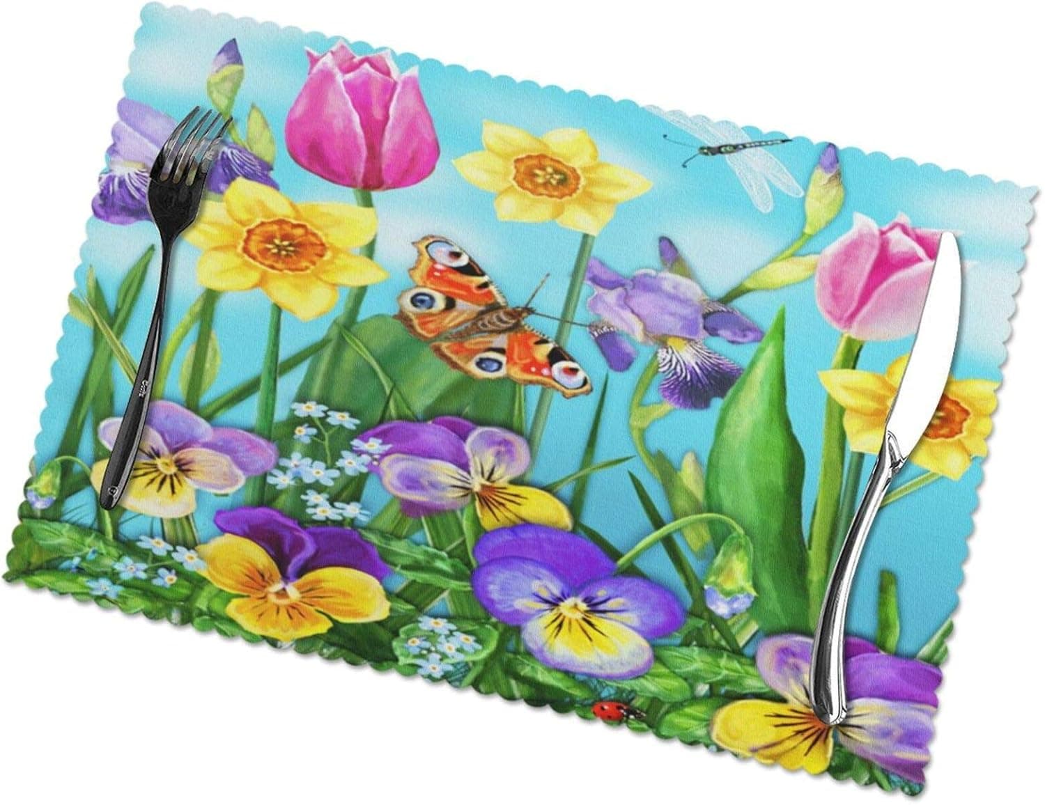 Watercolor Flowers Blossoms Butterfly Placemats Set of 6 Heat-Resistant Washable Table Non-Slip Place Mat for Dining Table 12 X 18 Inches