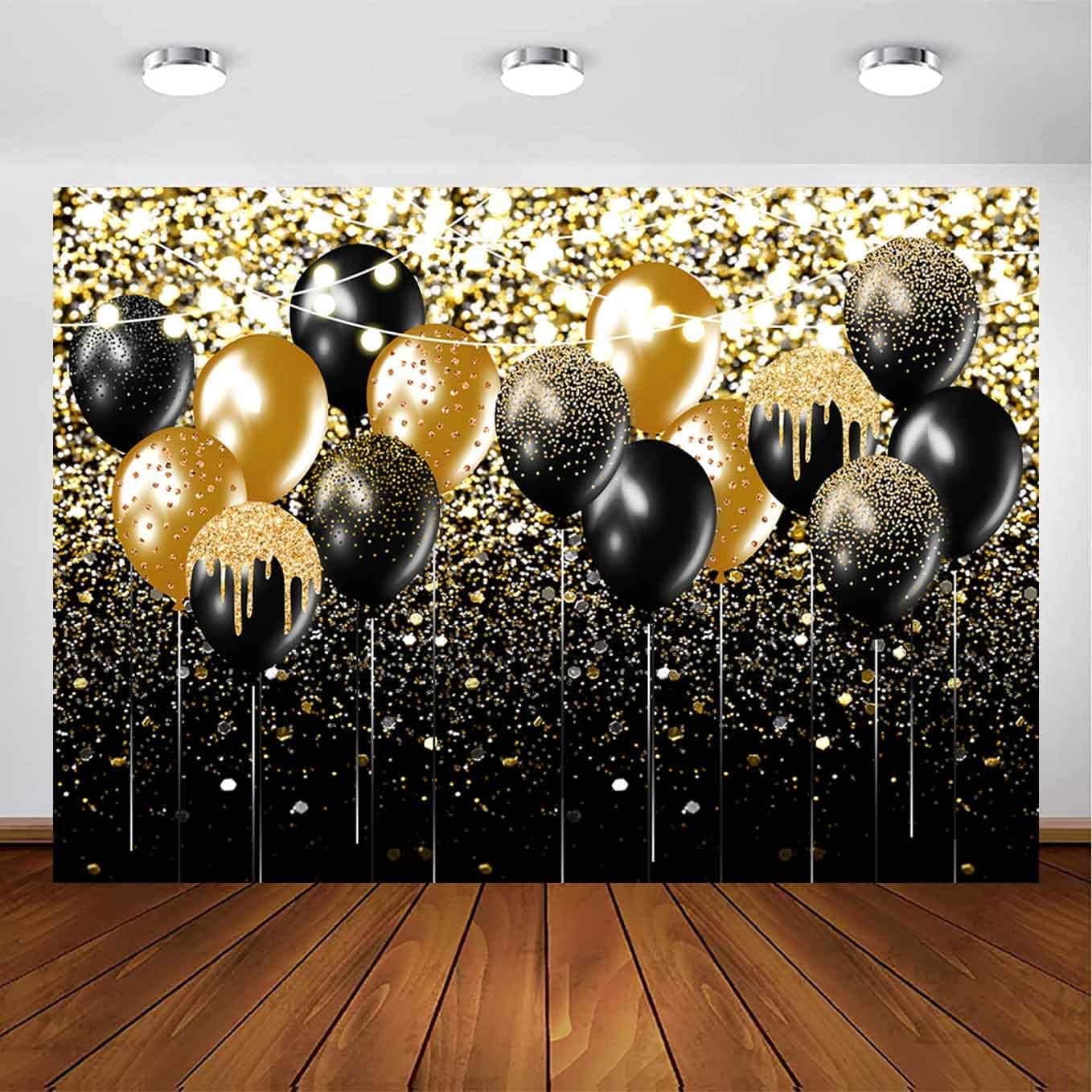 Sensfun Black and Gold Glitter Backdrop Golden Sparkle Balloon Birthday Wedding Prom Family Reunion Photography Background Party Decorations Photoshoot Photo Booth Props (7ftx5ft)