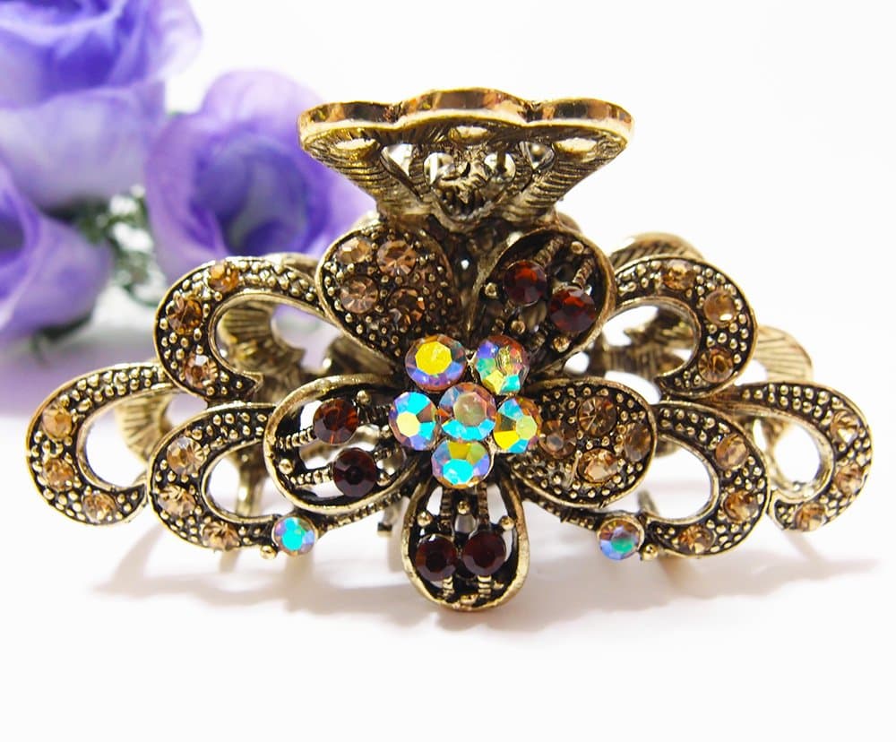 Womens Browns Rhinestone Flowers Alloy Metal Hair Clip claw pin H8210