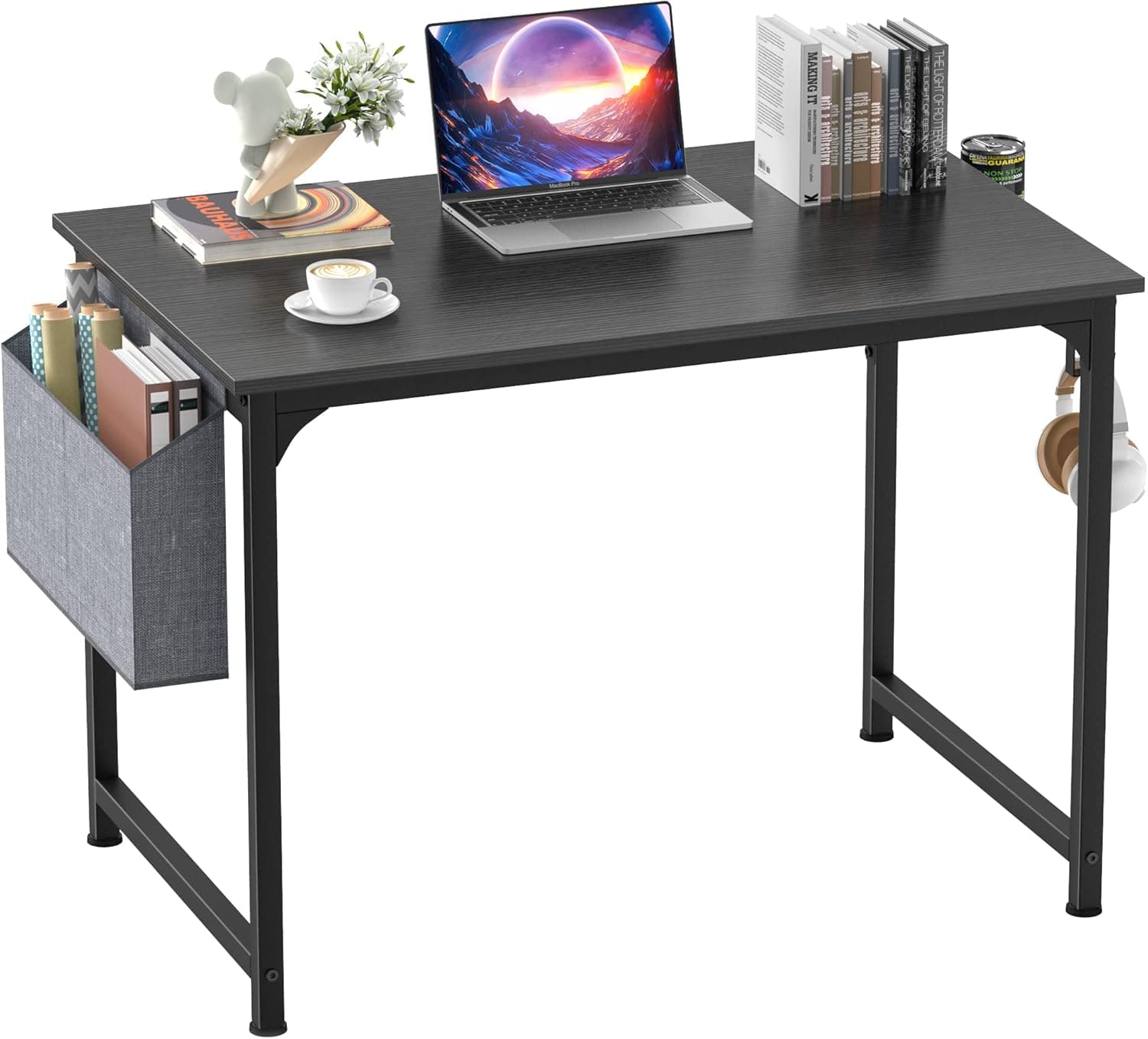Mr IRONSTONE Computer Desk 31" Small Home Office Gaming Desk for Small Spaces, Writing Desk Study Table with Storage Bag, Laptop Table with Cup Holder and Headphone Hook (Stylish Black)